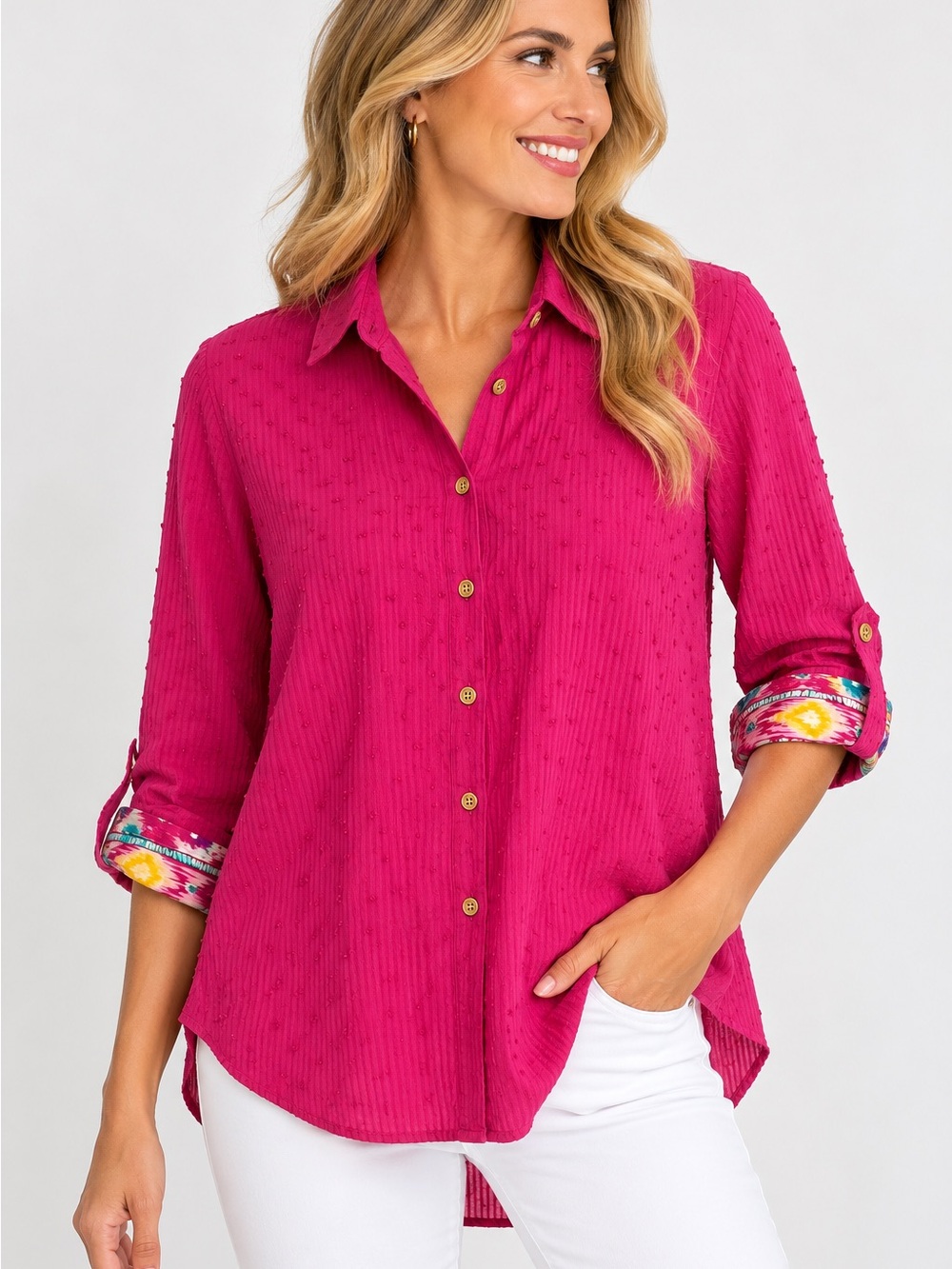 378. Liza Byrd Fuchsia Button-Front Textured Roll-Sleeve Blouse